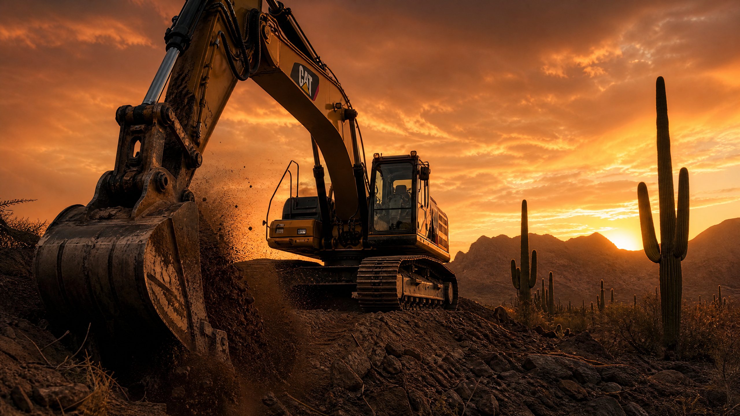 Excavator digging in the Arizona desert at sunset with saguaros and mountains behind