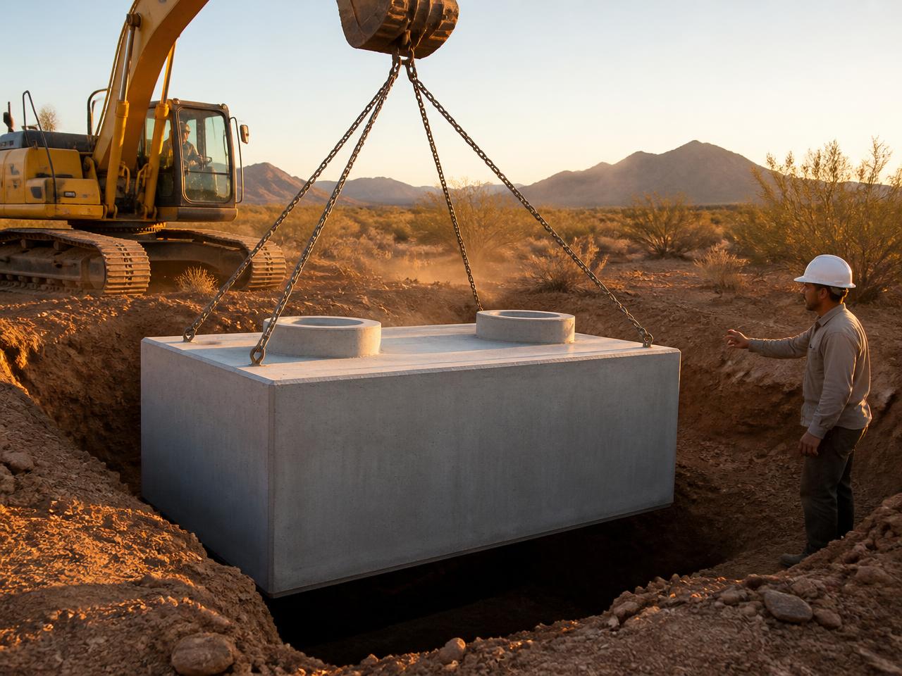 Rectangular precast concrete septic tank being lowered into an excavated pit in Arizona soil
