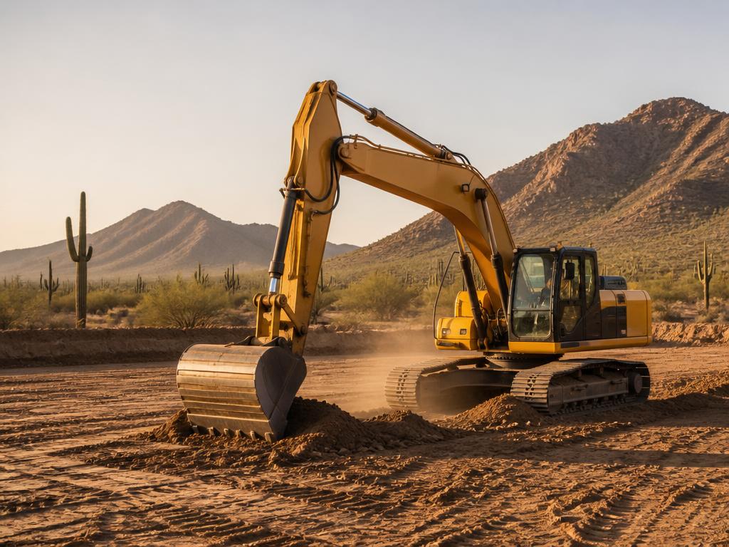 Excavator digging on a graded building pad of raw Arizona desert land